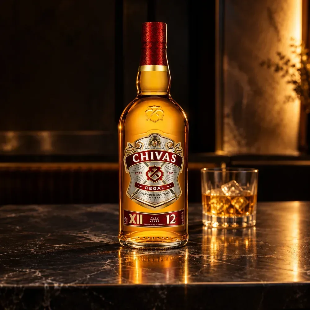 Dose de Chivas 12 com gelo servida no bar, com a garrafa de 1 litro atrás