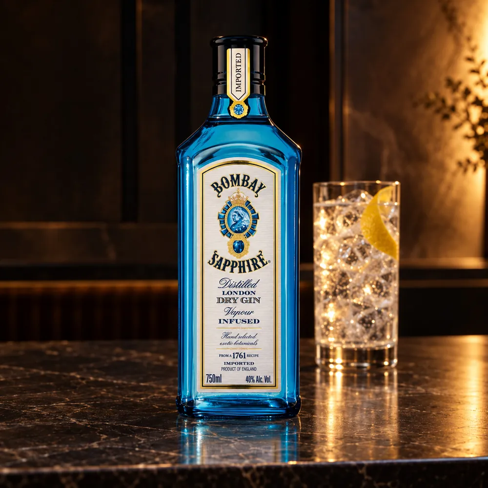 Garrafa azul de Bombay Sapphire num balcão de mármore escuro, com um copo de gin-tônica e limão