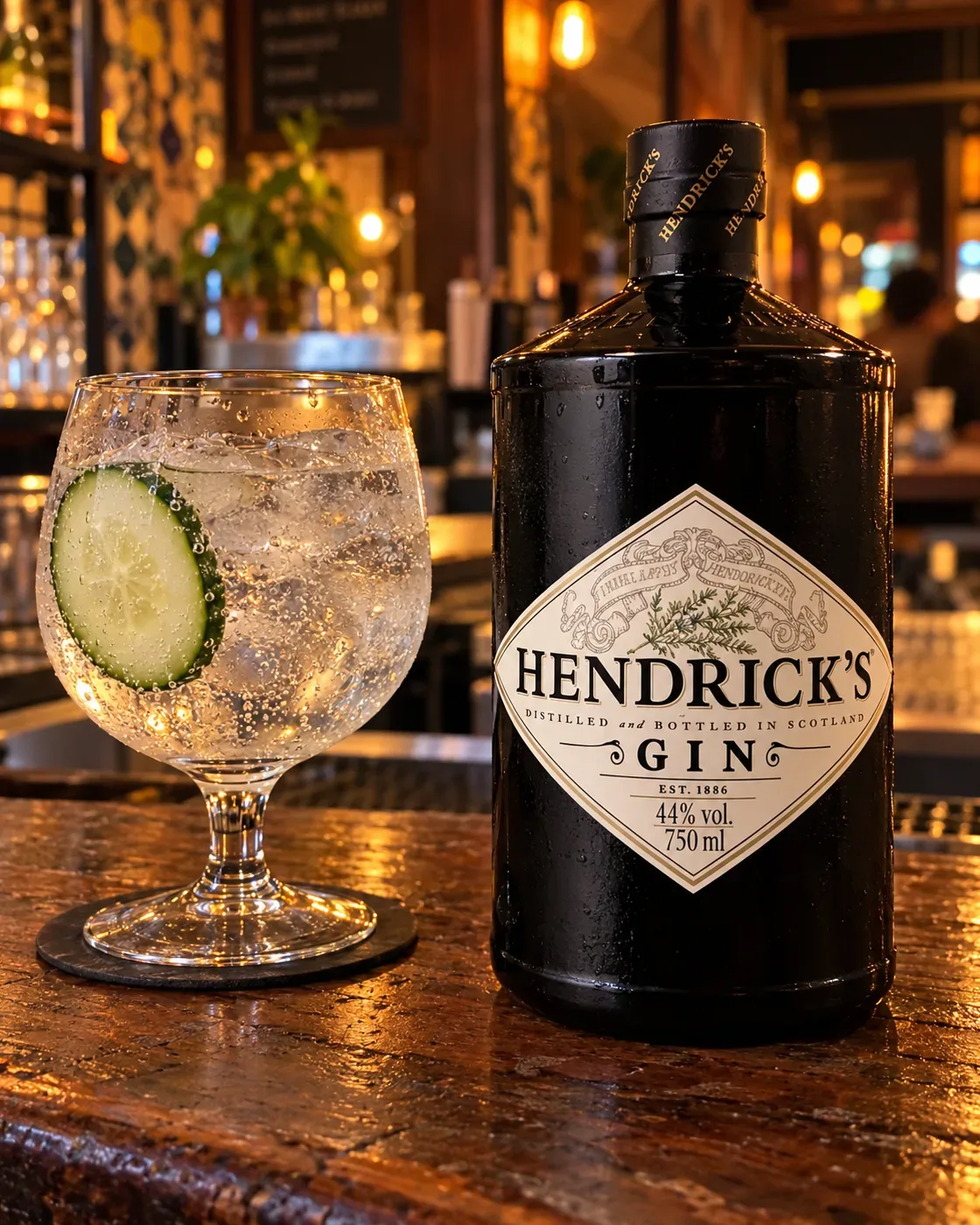 Garrafa escura de Hendrick's num balcão de madeira, com uma taça de gin-tônica e uma rodela de pepino