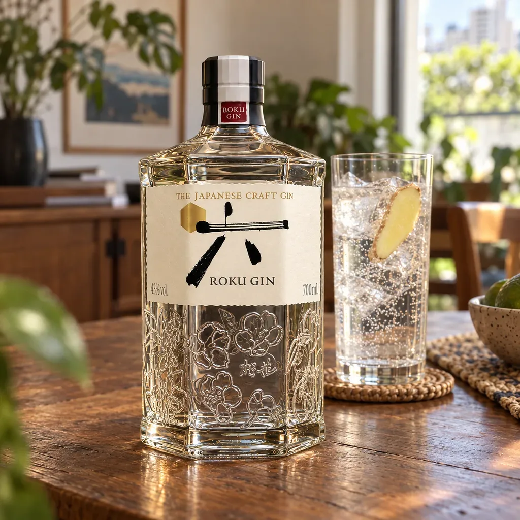 Roku na mesa de madeira perto da janela, com um copo alto de gin-tônica e uma fatia fina de gengibre