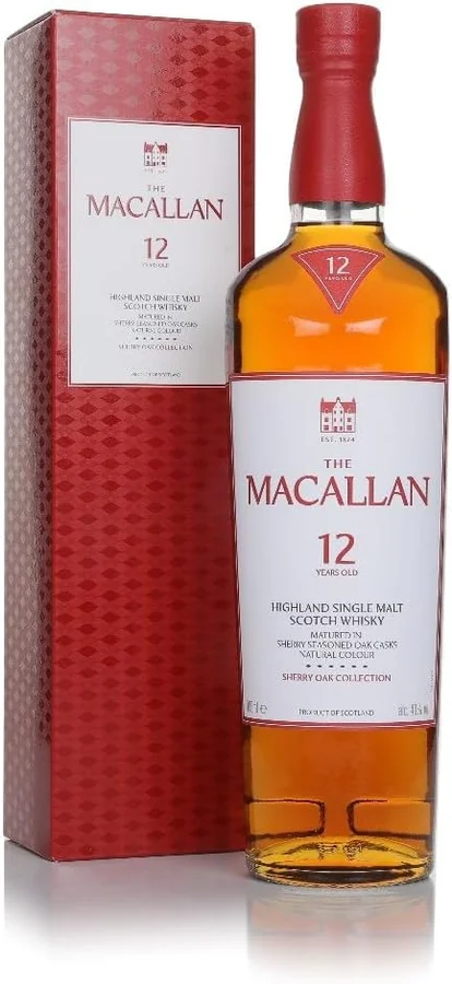 Garrafa do The Macallan 12 anos Sherry Oak, com a caixa, em fundo branco