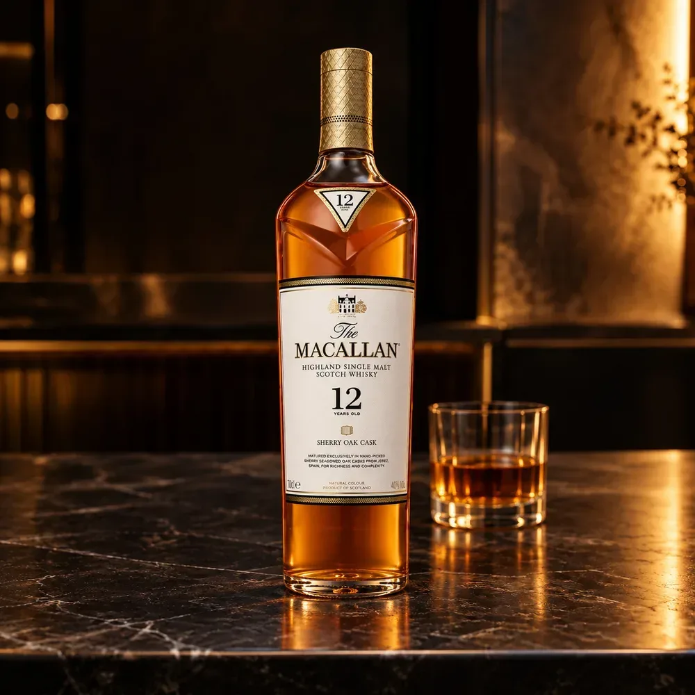Macallan Sherry Oak 12 no balcão, com uma dose pura no copo